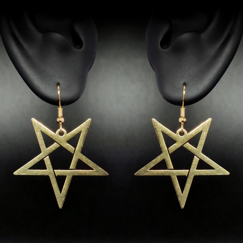 Boucles d'oreilles pentagramme inversé dorées – Image 2